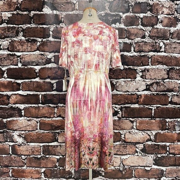 World Unity Romantic Stone Dress NWT Short Sleeve Notch Midi Pink Size Large L - Picture 10 of 17